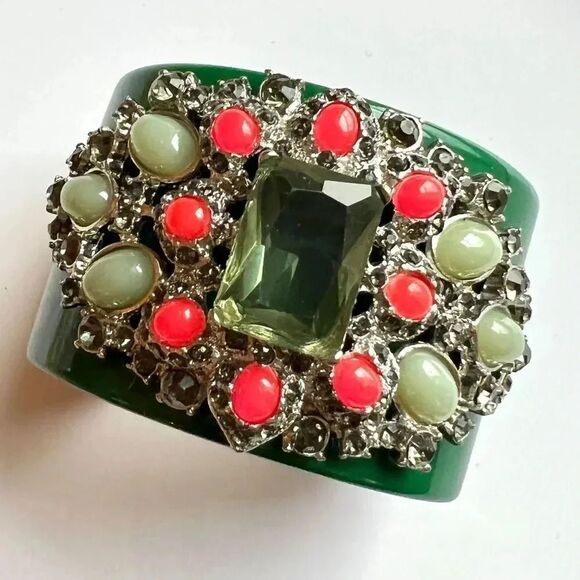 Black Acrylic/Metal Cuff Bracelet Encrusted with Colorful Rhinestones UNIQUE - Picture 2 of 2